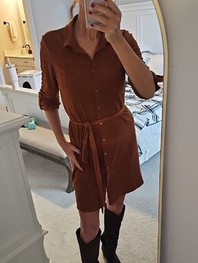 Lucky Button-Front Shirt Dress with Tie Belt - Rust